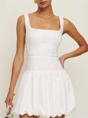 Reformation Delia White Linen Bubble Hem Mini Dress Size 4
